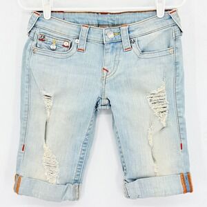 True Religion Women's Distressed Knee Length Blue Denim Shorts Sz 27 Cuffed Hem